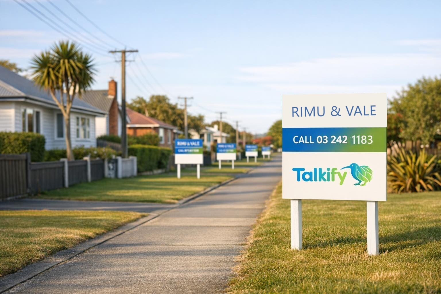 A residential street with several houses on the market, each one carrying its own For Sale sign.